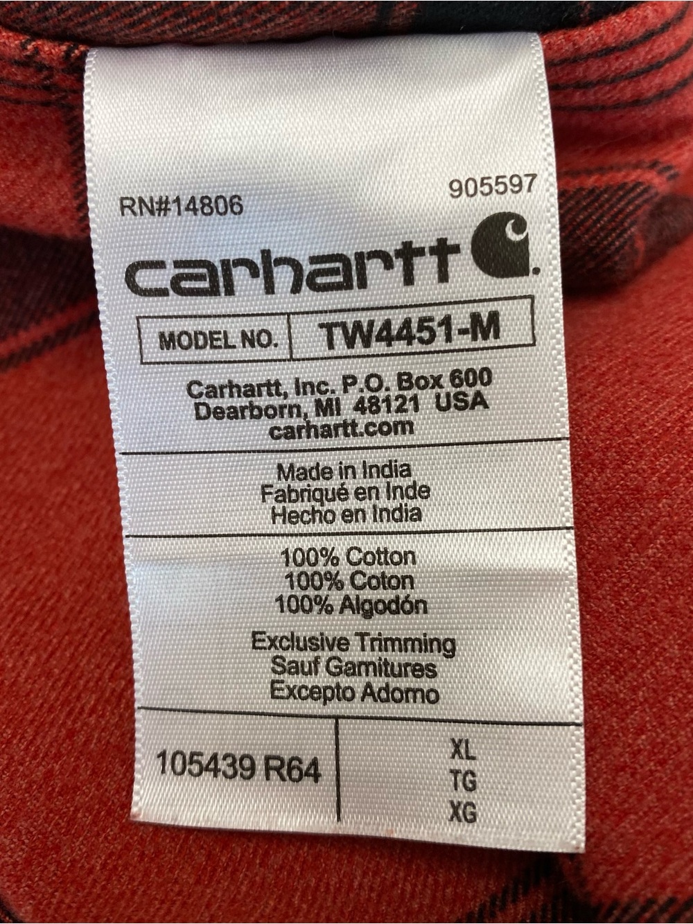 XL Carhartt Long sleeve Flannel Jacket TW4451-M Loose Fit 100% Cotton Red Plaid - Picture 6 of 10